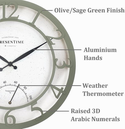 Reloj pared exterior 13pulg termómetro moderno verde