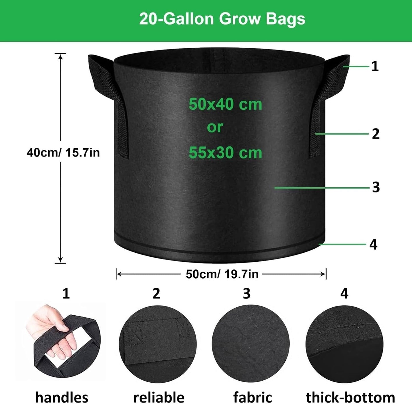 10 Pzas Bolsas Cultivo 20gal Tela Aireación Con Asa Negro