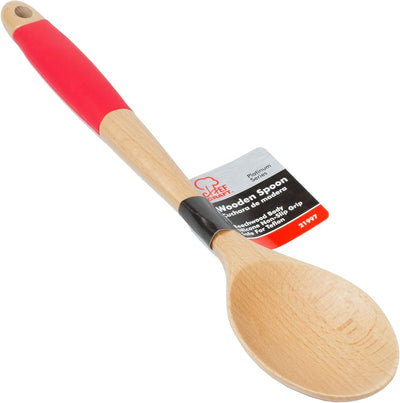 Cuchara madera mango silicona 14pulg color rojo