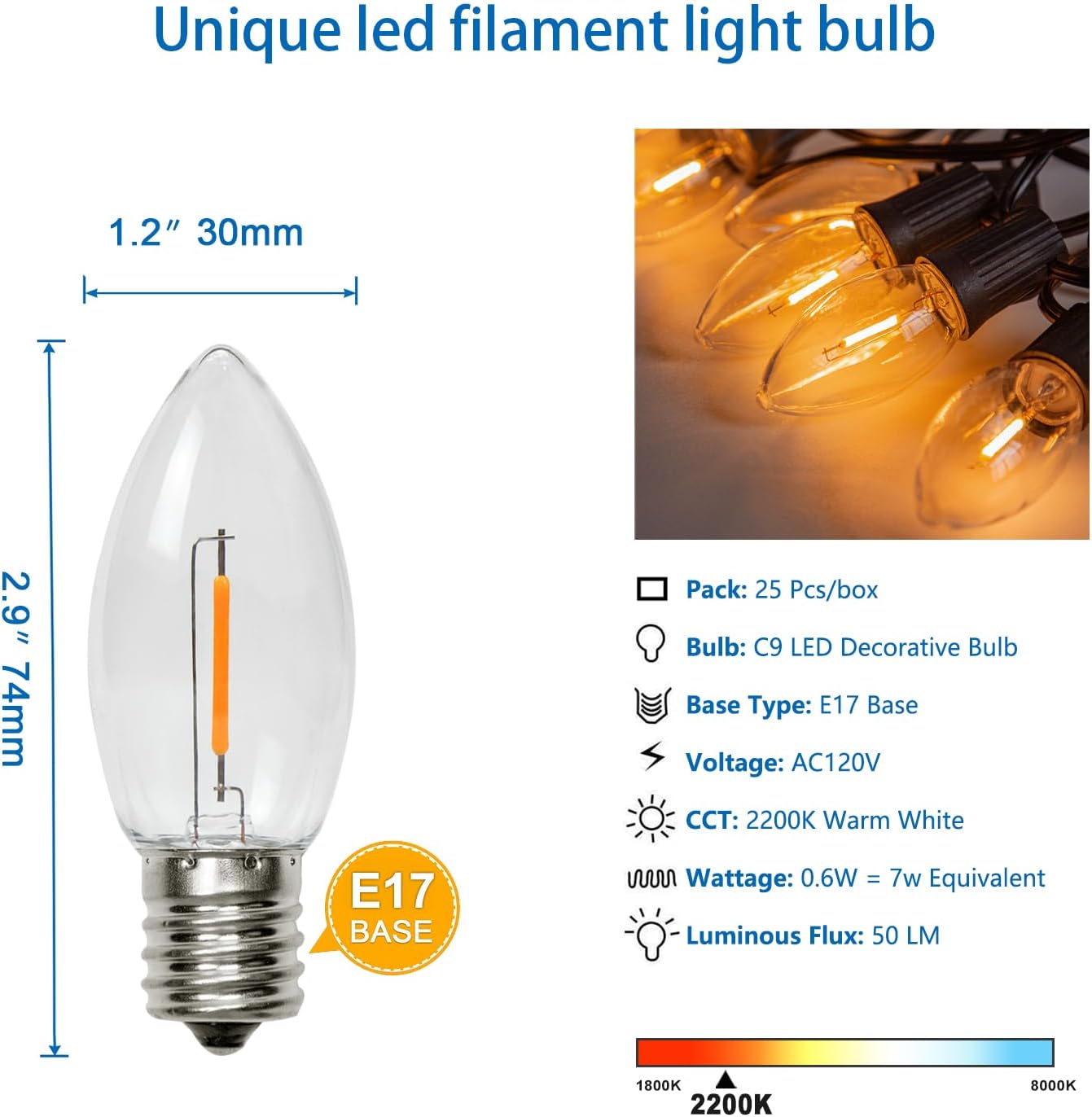 25 Pzas Bombillas LED C9 E17 2200K Blanco Cálido Plástico