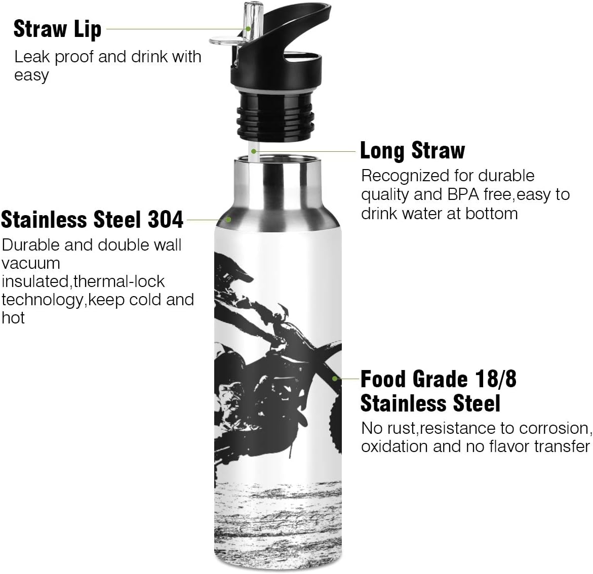 Botella agua acero inox 18/8 22oz con popote fitness