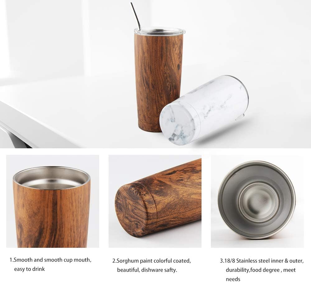 Vaso acero inox 20oz con tapa pajita térmico grano madera