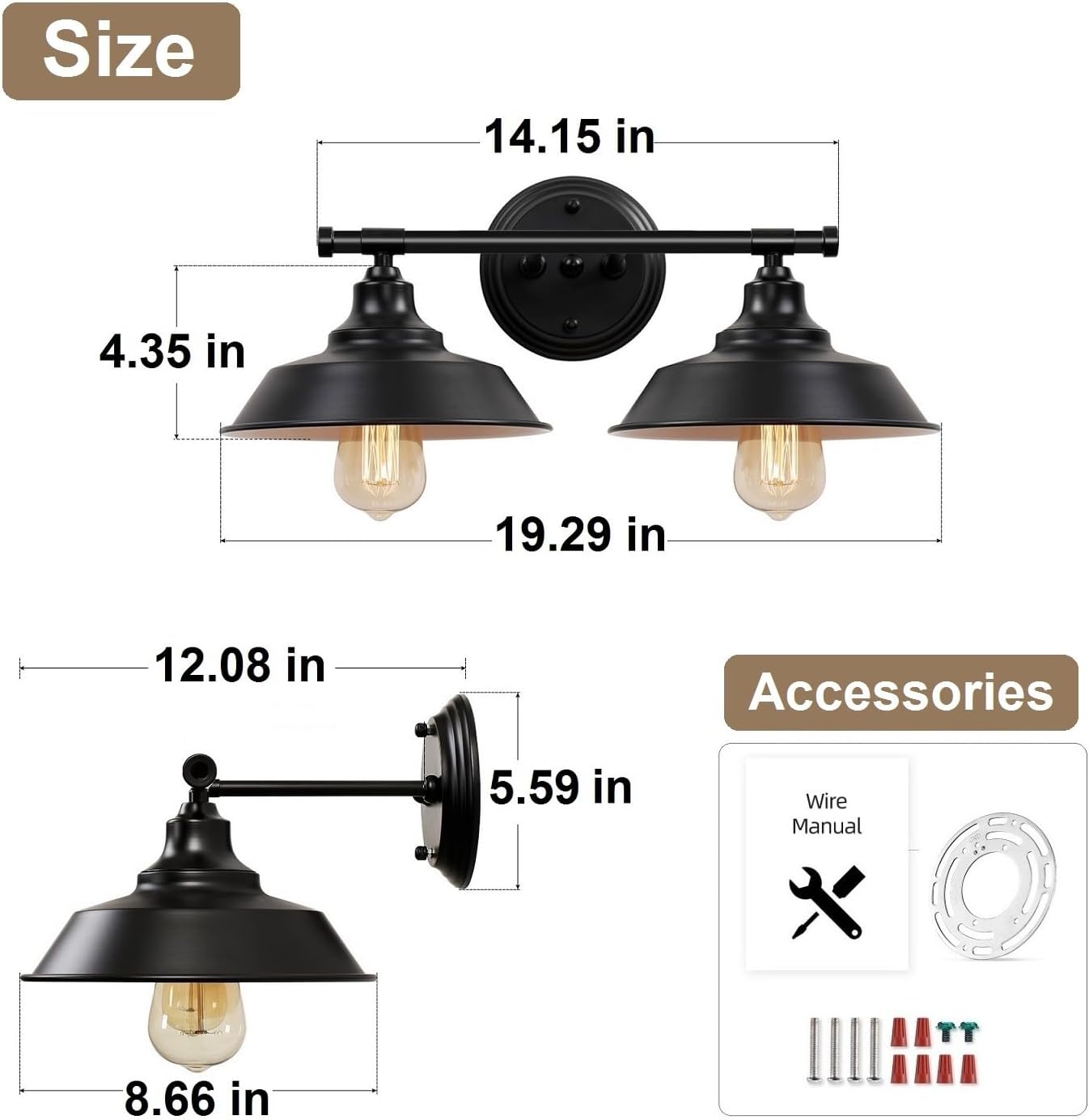 Lámpara baño granja 20pulg 2 luces pantalla metal rústico