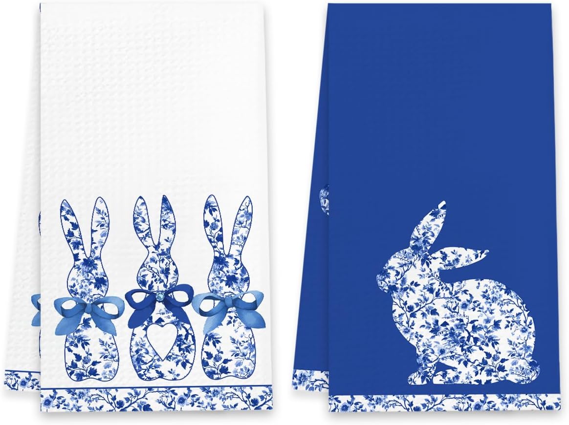Juego de 2 toallas de cocina de Pascua de conejo azul MUBIAO