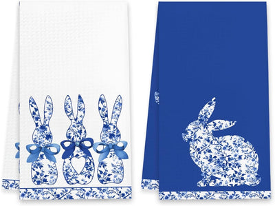 Juego de 2 toallas de cocina de Pascua de conejo azul MUBIAO