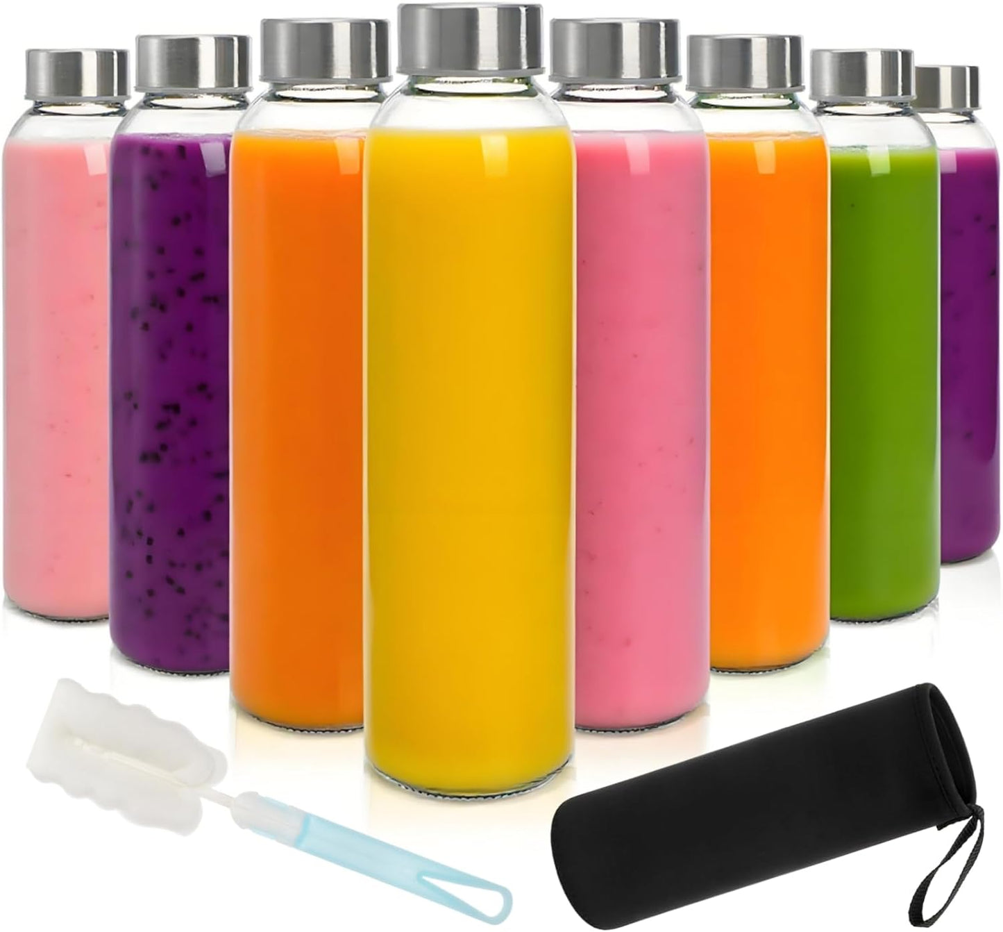 8 Botellas Vidrio 16oz con Tapas Cepillo Funda Batidos Jugo