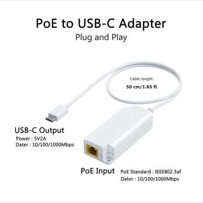 Convertidor PoE a USB C 10/100/1000 Mbps carga 10 W