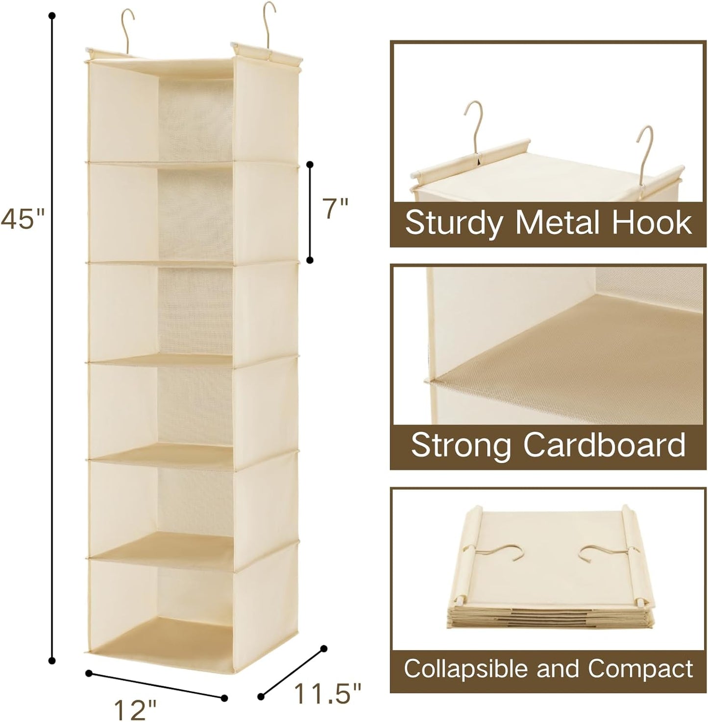 Organiz. colgante armario 6 niveles tela con ganchos beige