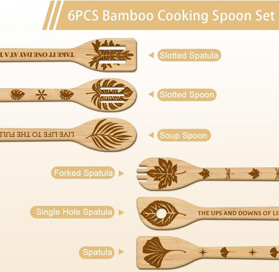 6 Pzas Utensilios Cocina Bambú Monstera Ginkgo Arce