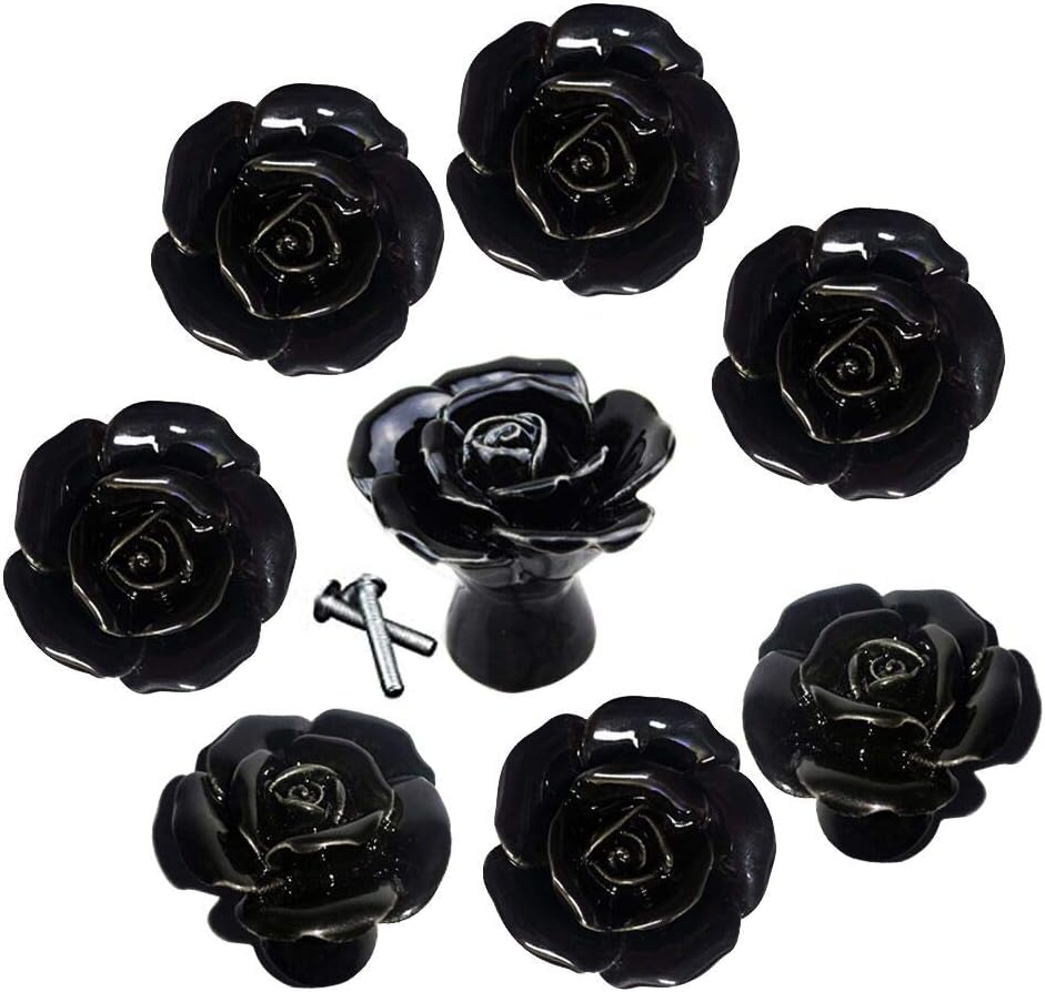 8 Pzas Pomos Puerta Cerámica Negro Floral Rosa con Manija