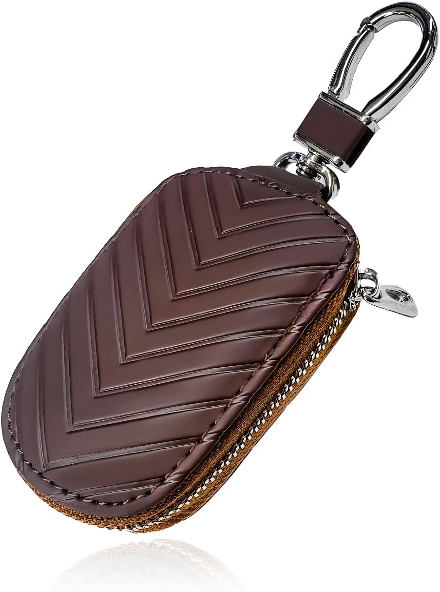 Funda cuero llavero inteligente con cremallera metal unisex marrón