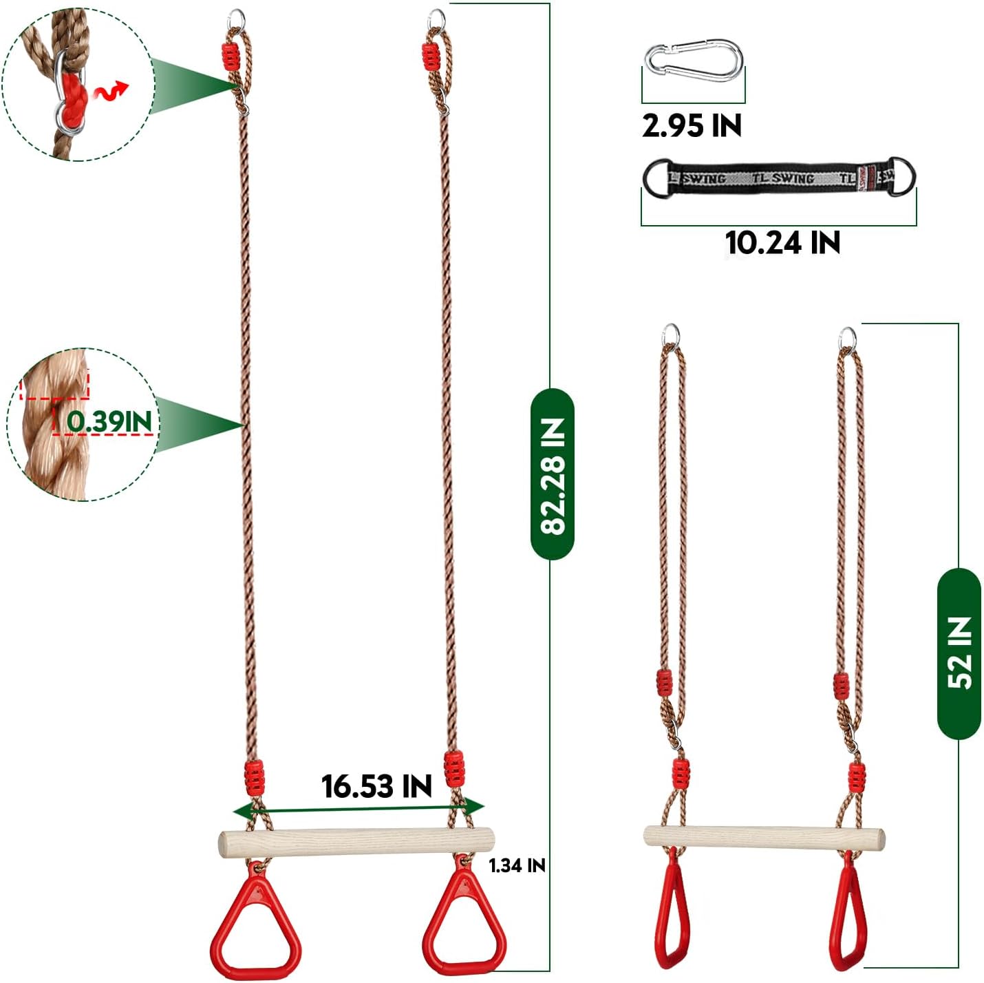 Barra trapecio madera anillos plástico cuerda ajustable