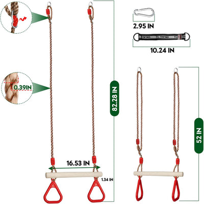 Barra trapecio madera anillos plástico cuerda ajustable
