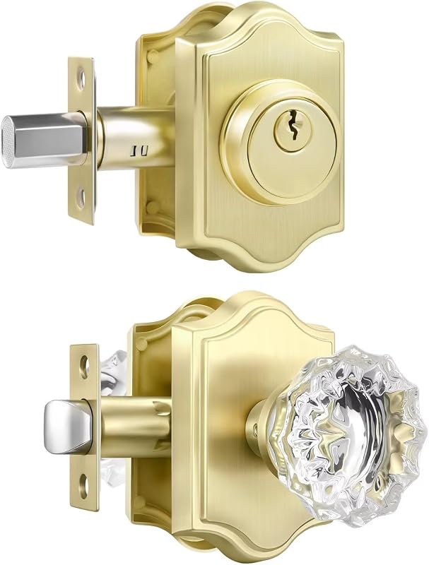 Set pomo puerta cristal dorado cilindro
