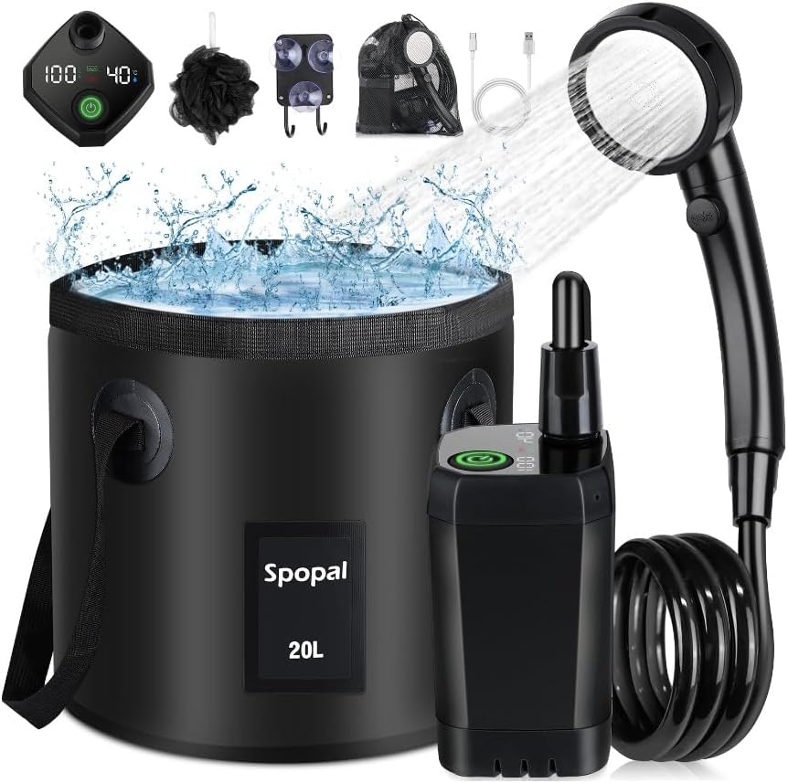 Ducha portátil recargable con cubo plegable 20l led 4 modos