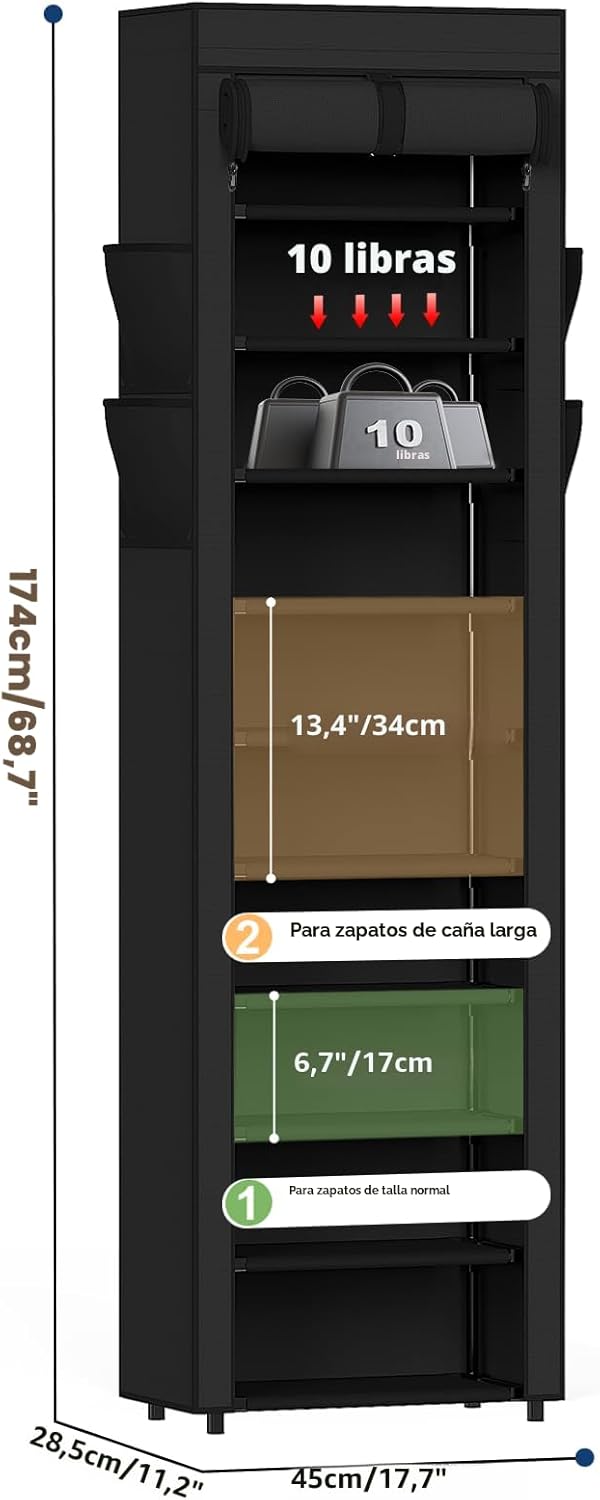 Zapatero alto 10 niveles 18-22 pares con bolsillos