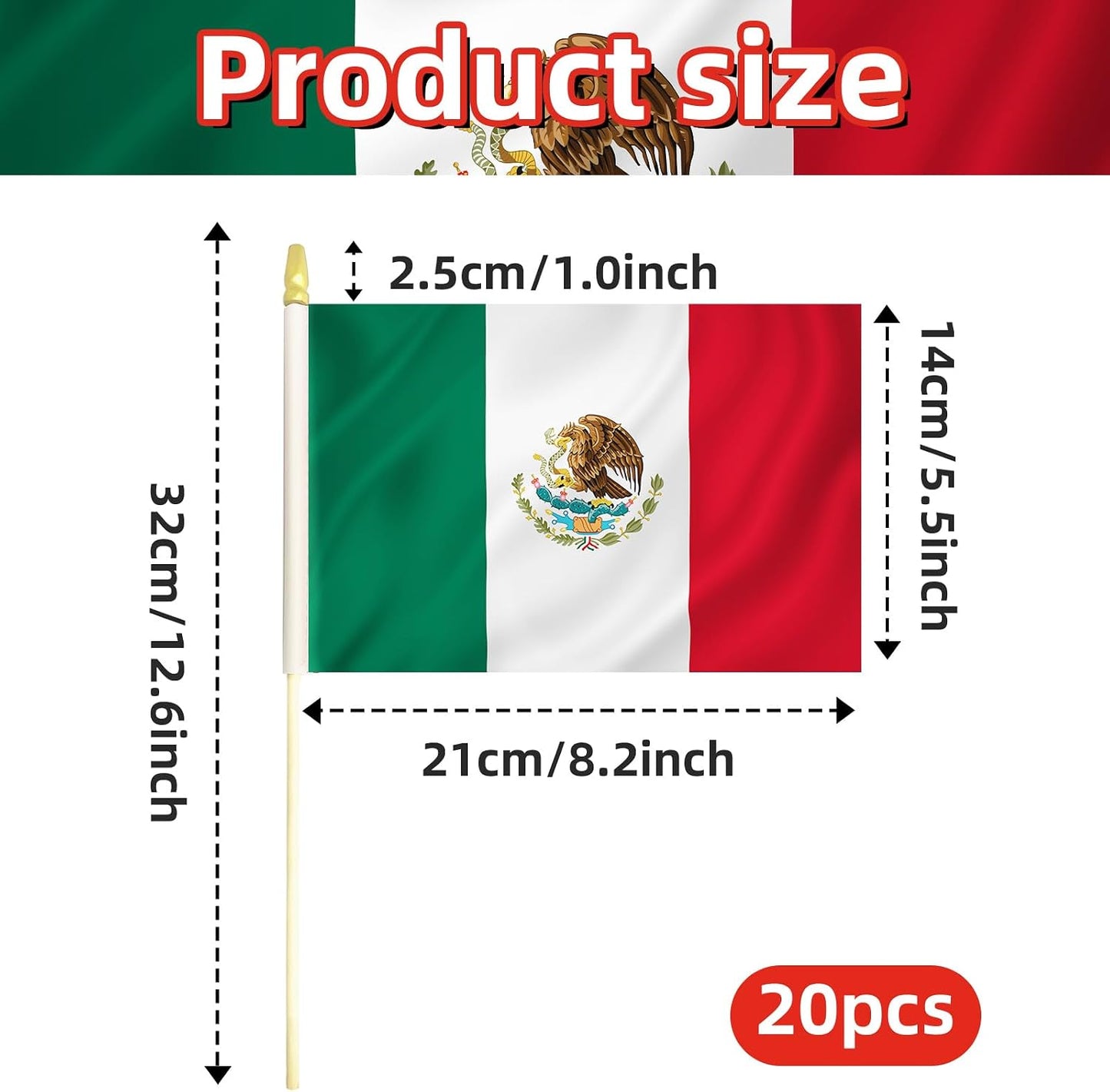 20 Banderas México 5x8" Palos Madera Dorado Cinco de Mayo