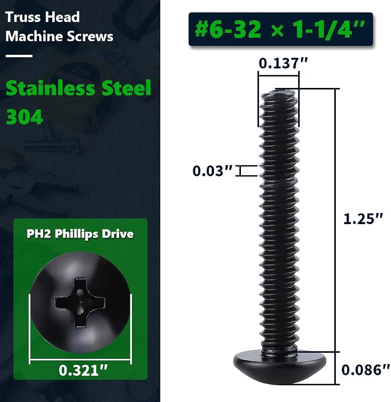 Tornillos braguero negro 6-32 x 1-1/4 paq 100