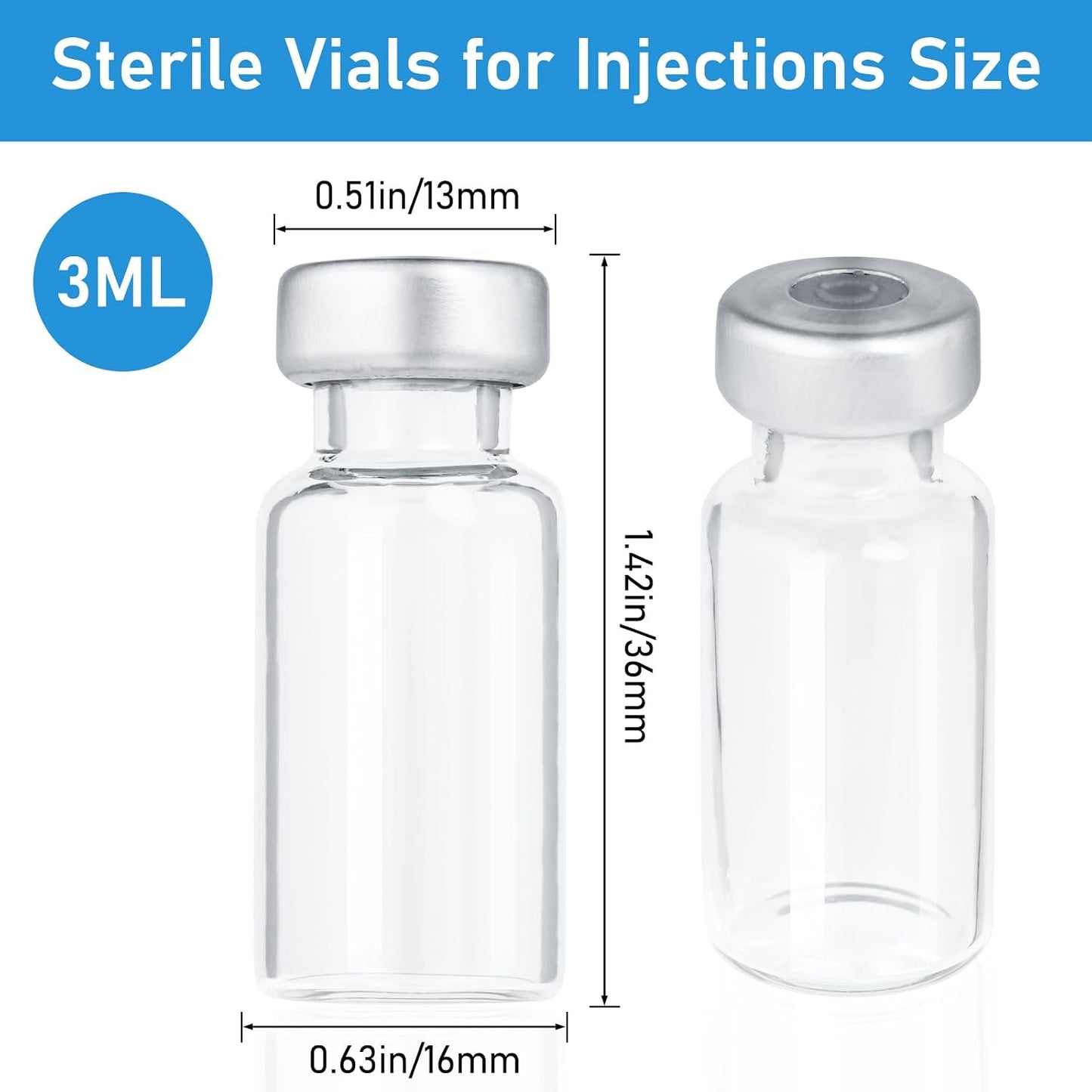 Viales vidrio inyección 3ml sellados transparentes 50 uds
