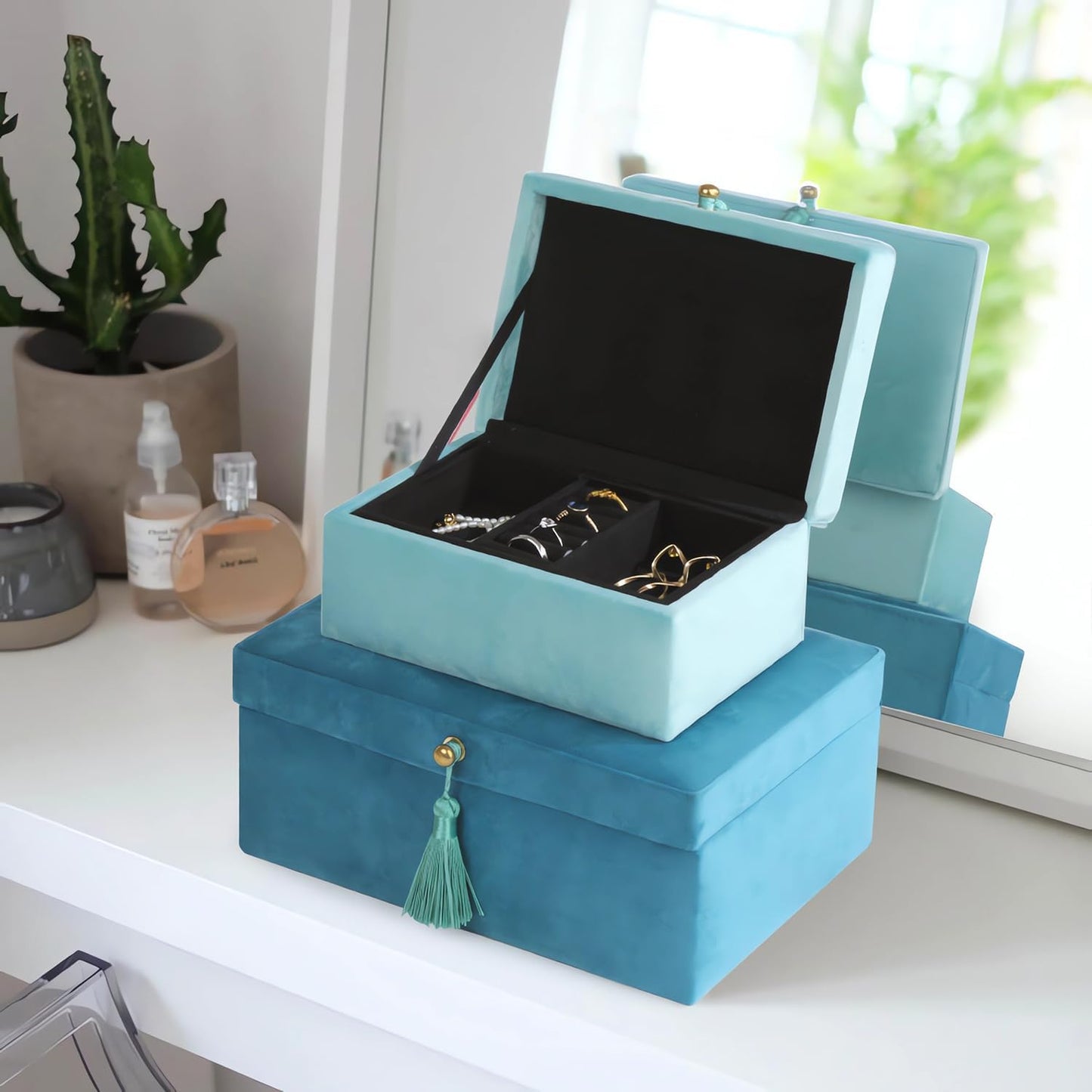 Caja terciopelo joyería 2 Pzas con asa elegante azul