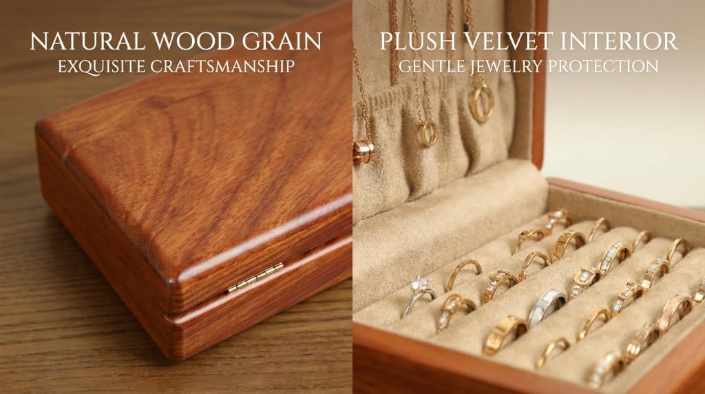 Caja organizadora joyas madera terciopelo bisagras