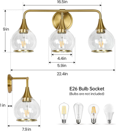 Lámpara baño dorada 3 luces espejo 22.4pulg aplique