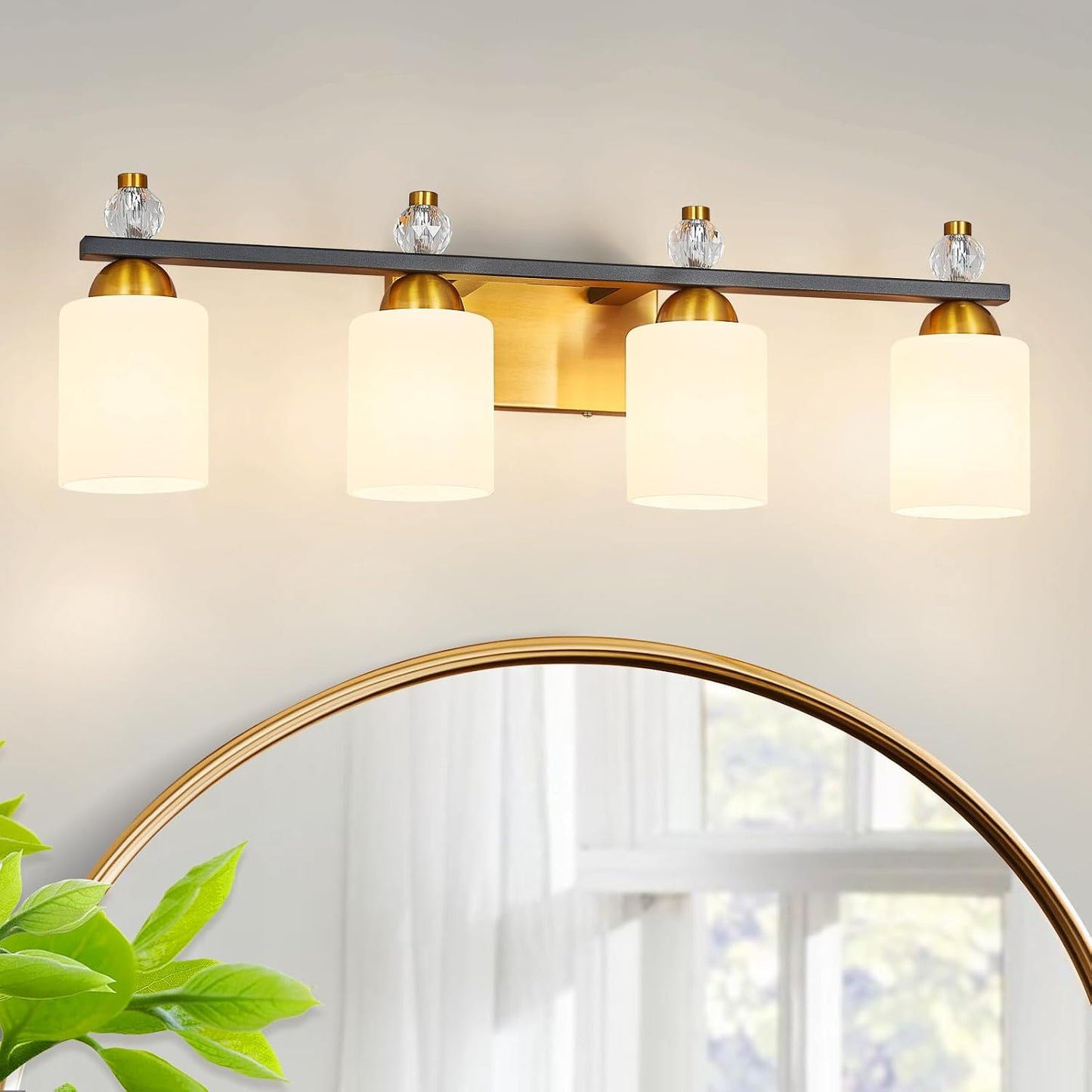 Lámpara baño vidrio blanco 4 luces modernas negro dorado