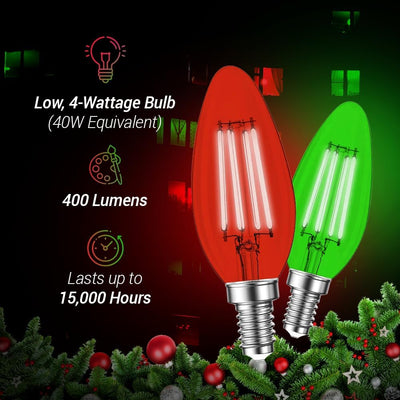 6 Pzas Bombillas LED E12 Vintage Rojas y Verdes Navidad