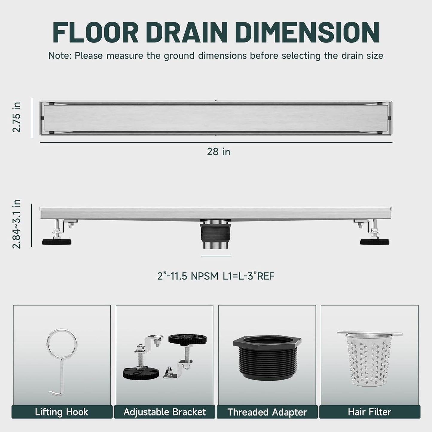 Drenaje piso ducha 28" acero inox níquel cepillado