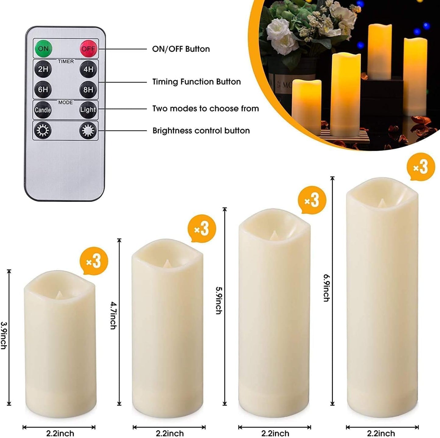 12 Velas LED Sin Llama con Control Remoto 2.2''x4''-7''