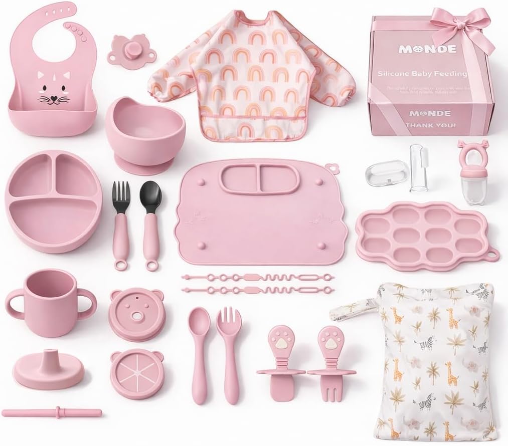 Set 25 Pzas Silicona Alimentación Bebé Babero Taza Bolsas Rosa