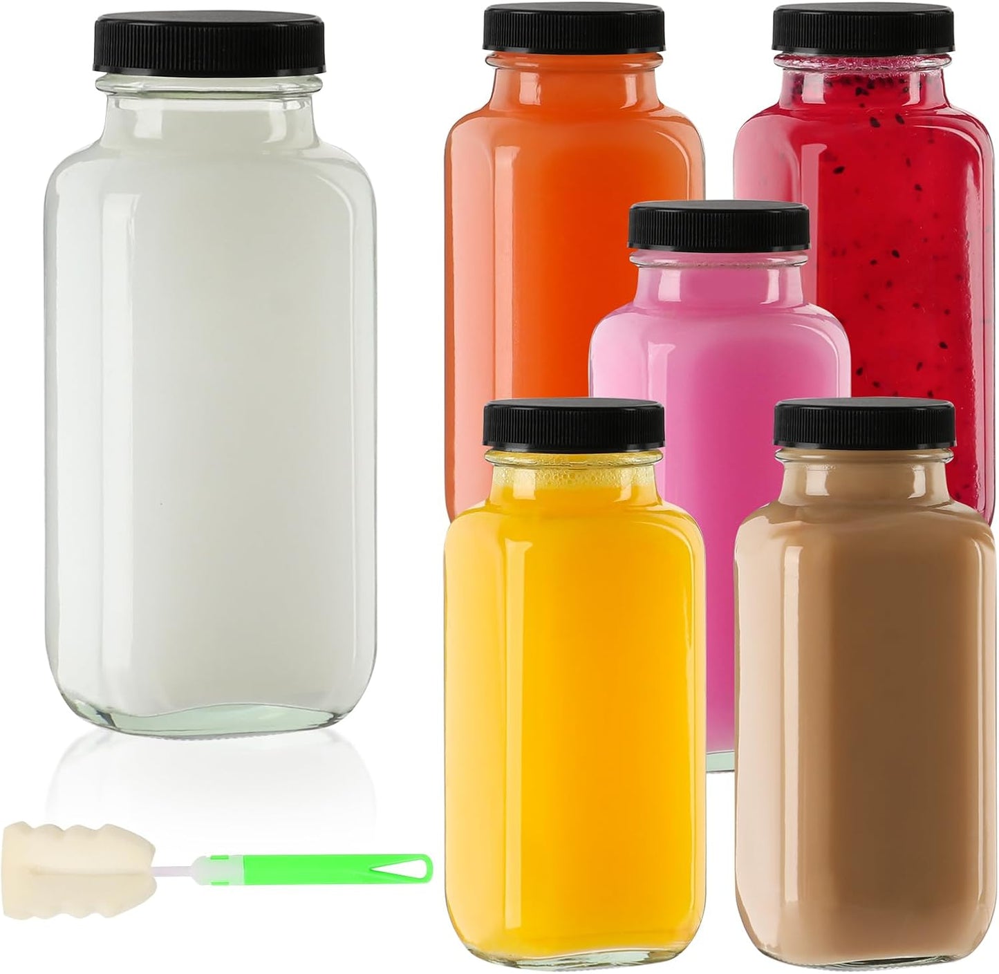 6 Botellas Vidrio 8oz con Tapas Reutilizables para Jugo Agua