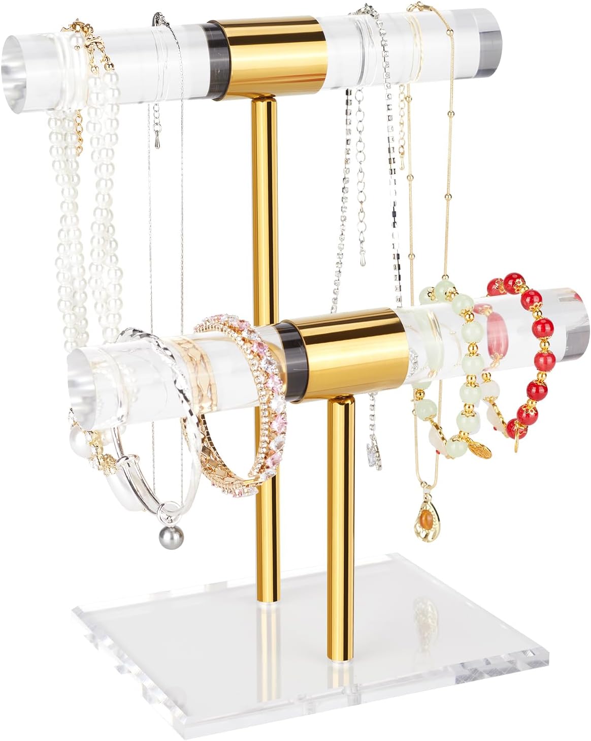 Soporte joyas acrílico 2 niveles barra T cristal