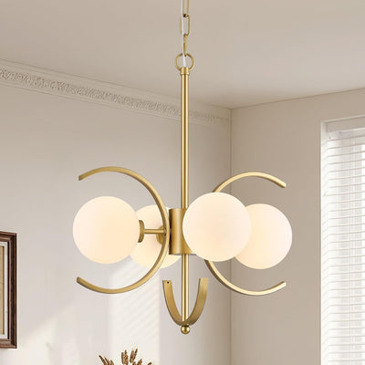 Candelabro Sputnik dorado 16.5pulg 4 luces vidrio leche comedor