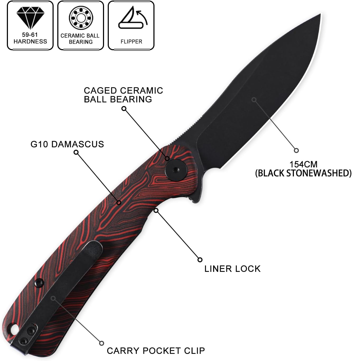 Cuchillo plegable acero negro lavado piedra mango G10 EDC