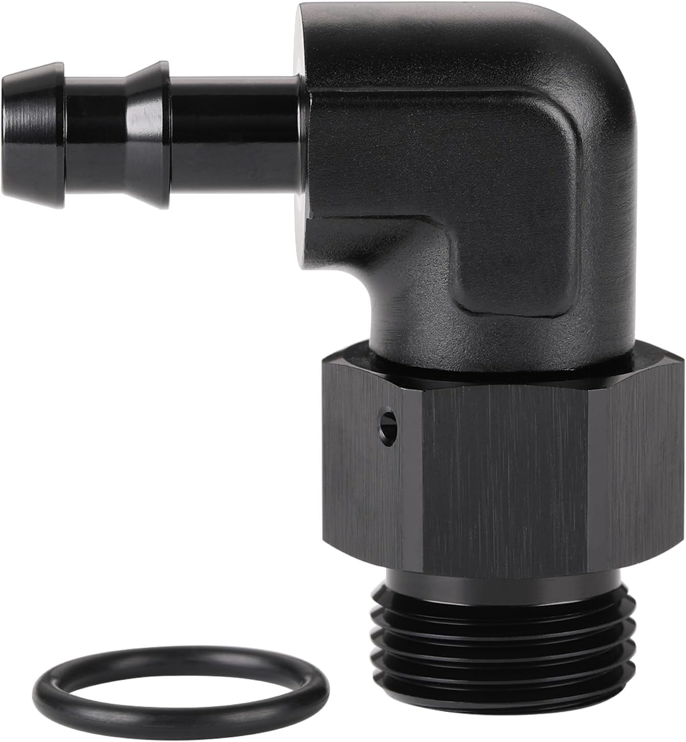 Adaptador macho 3/8 púa manguera aluminio negro 90 grados