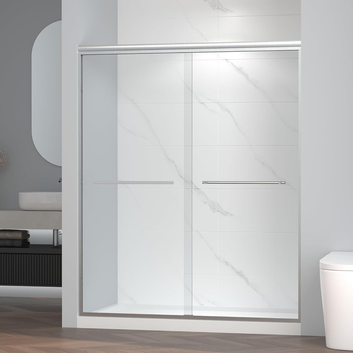 Puerta ducha corrediza 56-60x72pulg vidrio templado níquel