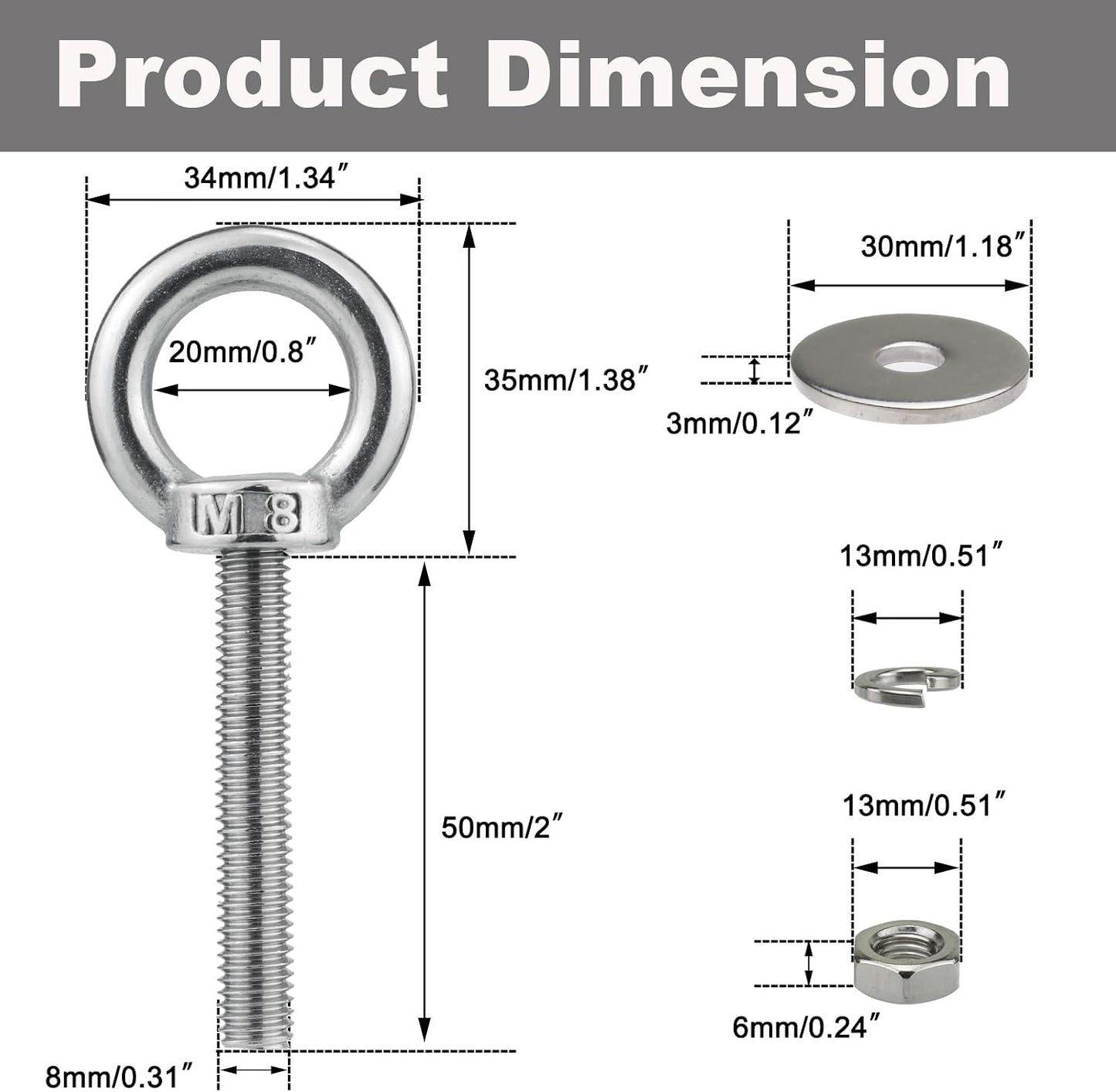Pernos ojo acero inox M8 x 50mm pack 4 para tablero oscilante