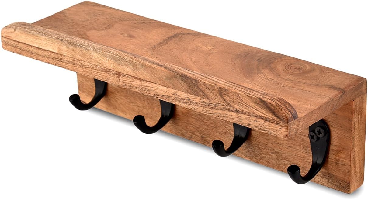 Soporte llaves madera acacia pared 4 ganchos 10x3.5"