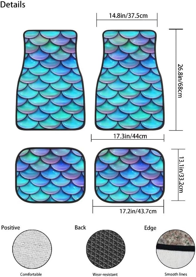 Set 4 Alfombrillas Coche Sirena Azules Estampado Escamas
