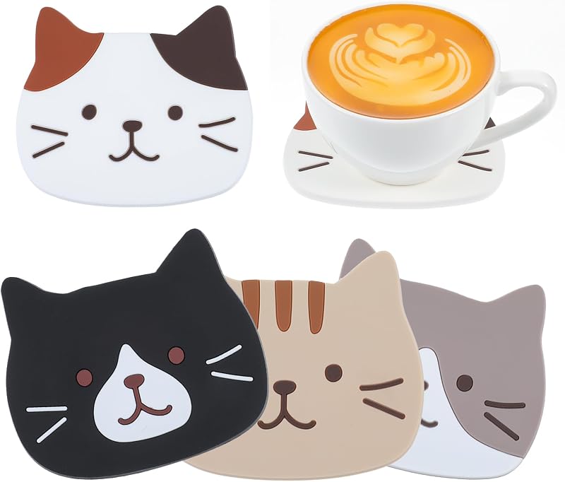 4 Posavasos de Gato de Silicona Antideslizantes para Mesa de Café