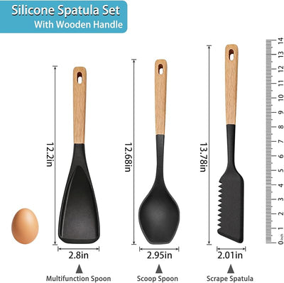 3 Pzas Espátulas Silicona Cuchara Multifunción Mango Madera