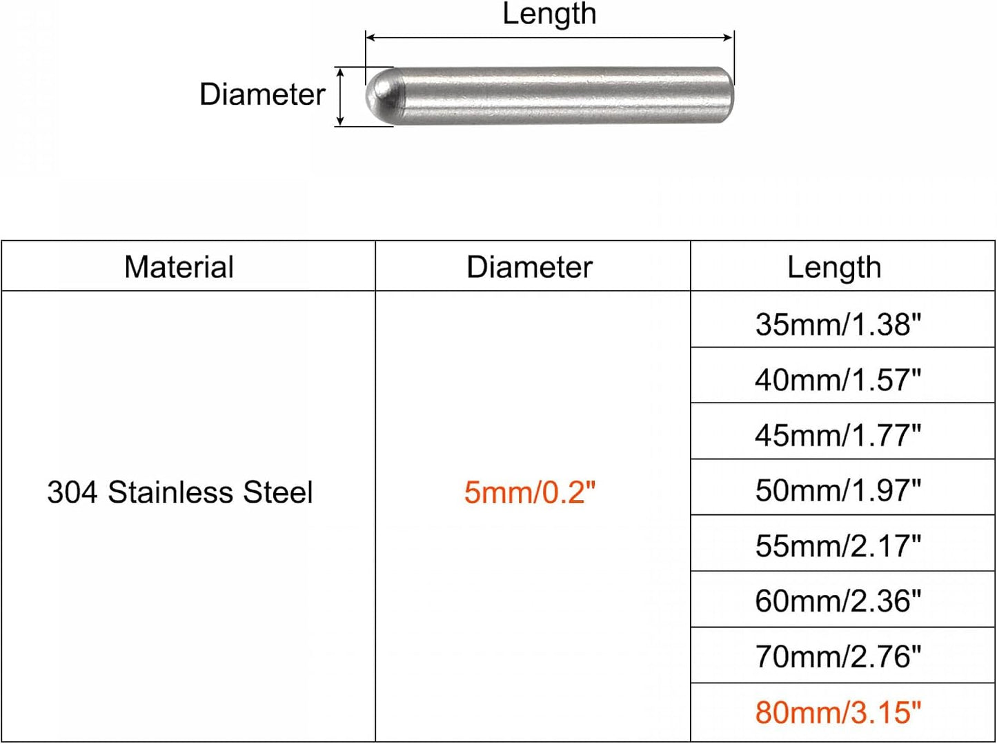 Pasadores clavija 0.197x3.15pulg acero inox 304 5 pzas