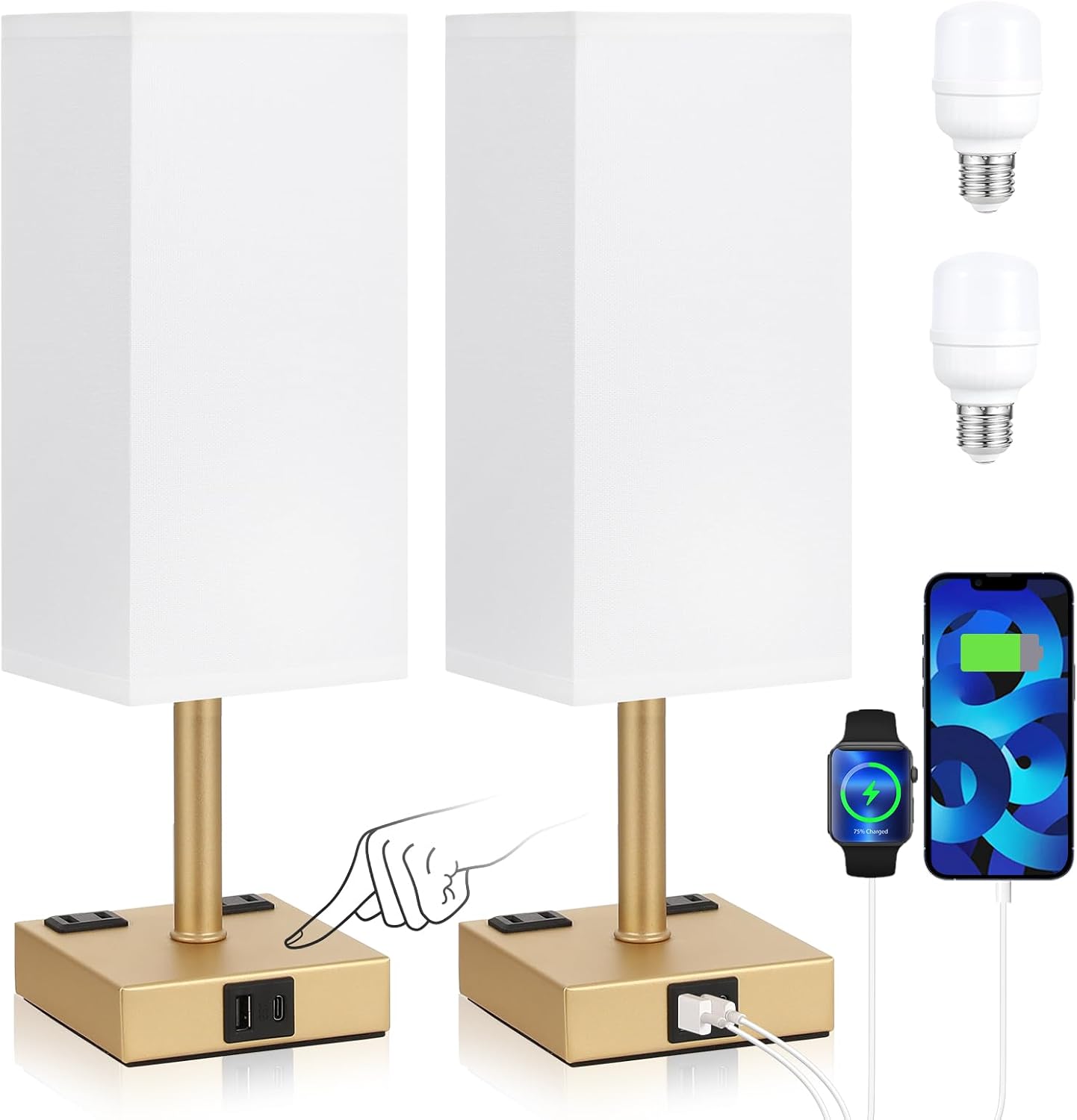 2 Lámparas táctiles con base dorada USB-C y CA regulable