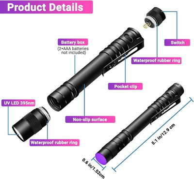 Linterna UV 395nm con clip para detectar orina mascotas y chinches