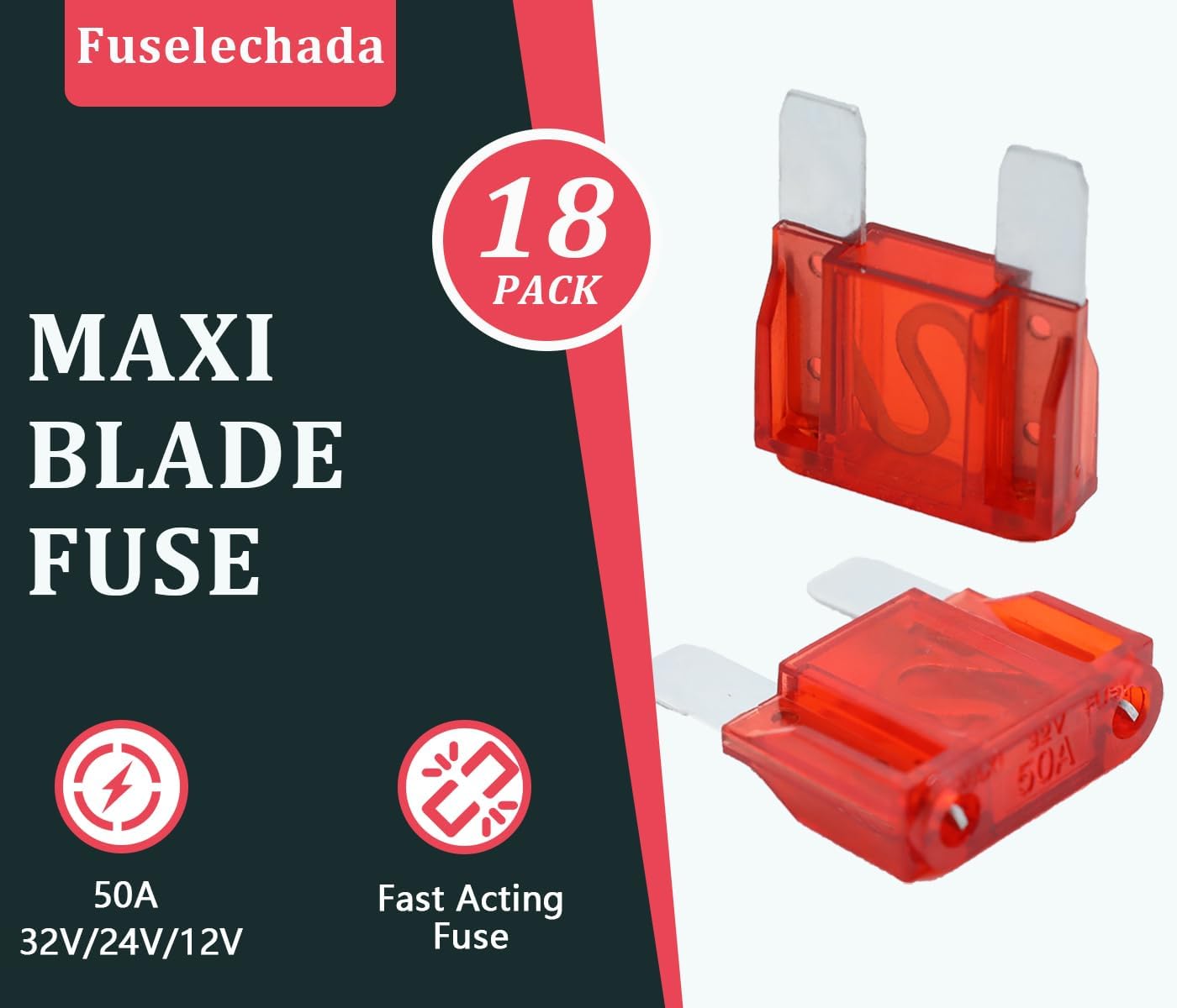 18 Fusibles Maxi 50A 32V Cuchilla Automotriz para Coche Camión