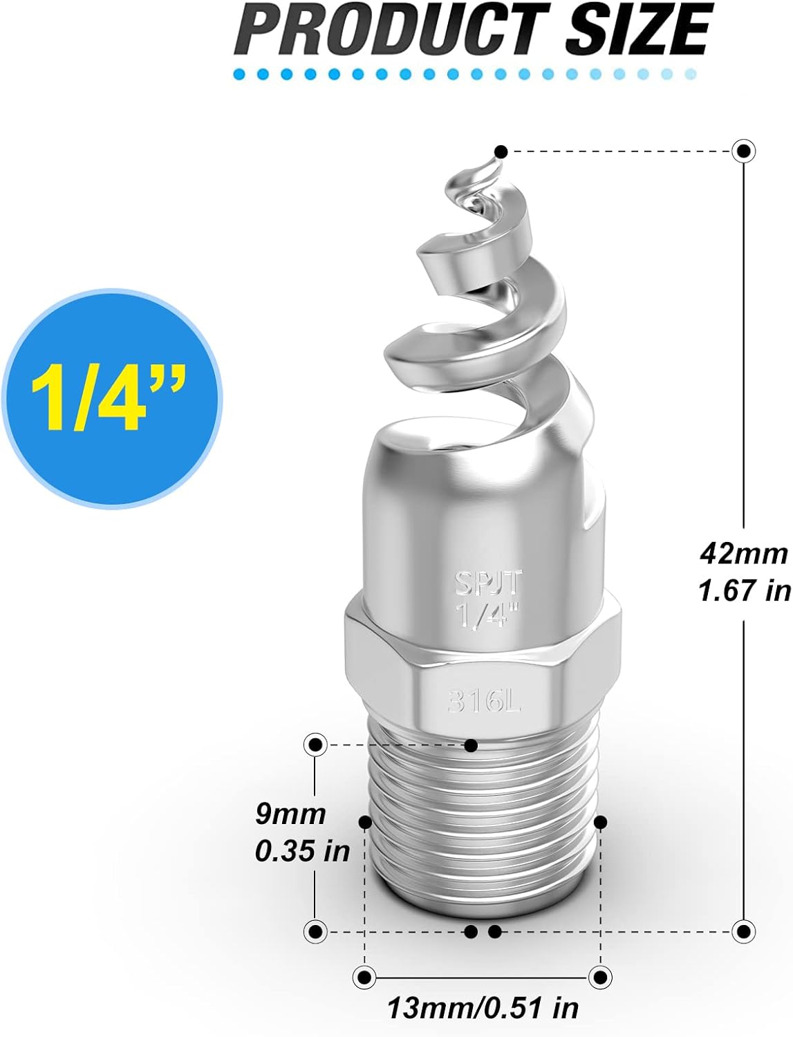 Boquilla atomización cono espiral acero inox 316 para polvo y riego