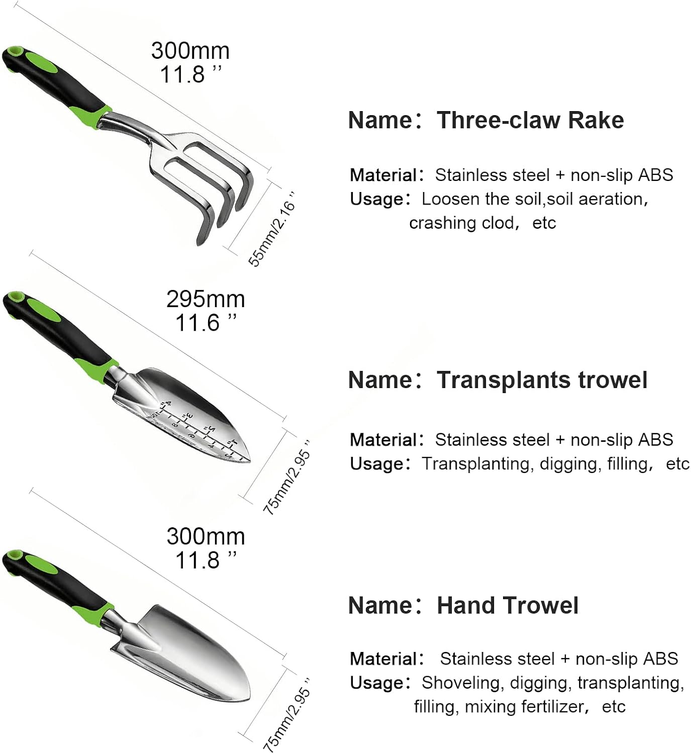 Set 3 herramientas jardinería acero mango ergonómico