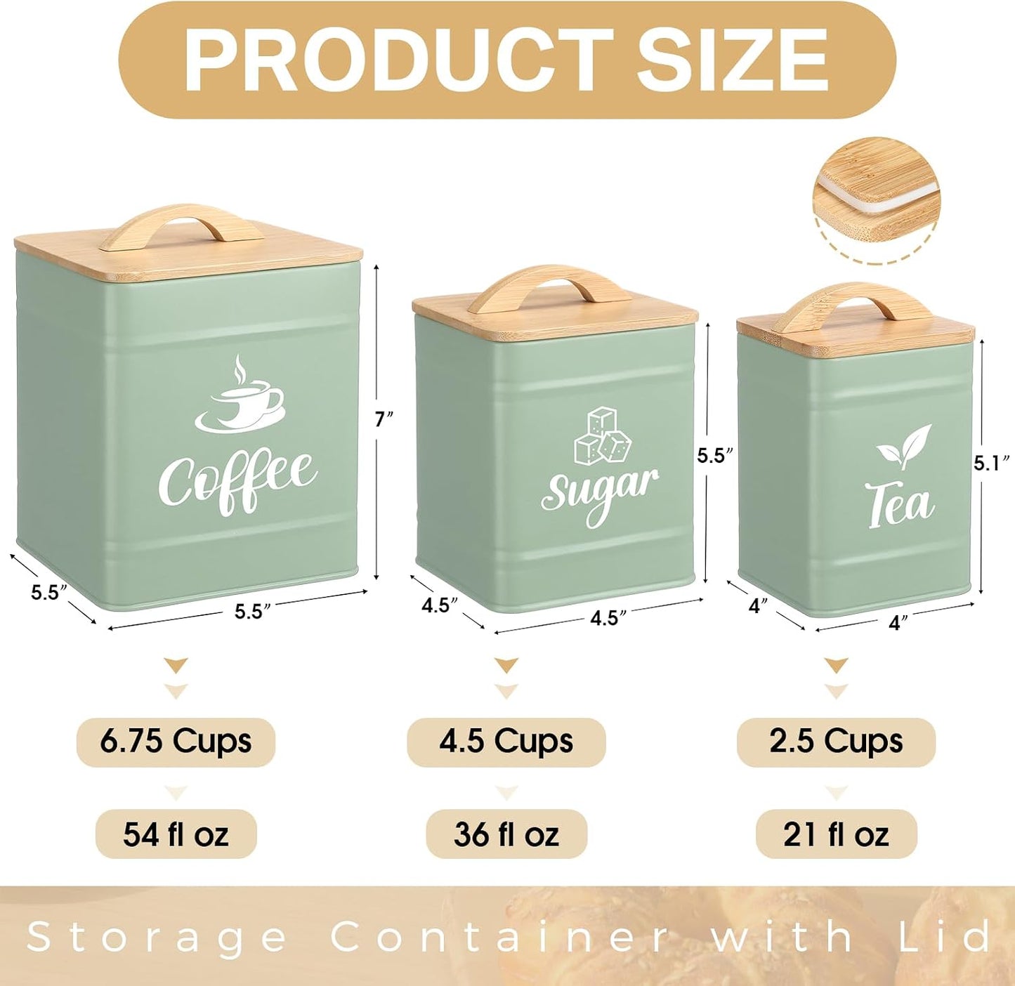 3 Pzas Tarros Metal Bambú para Café Té Azúcar