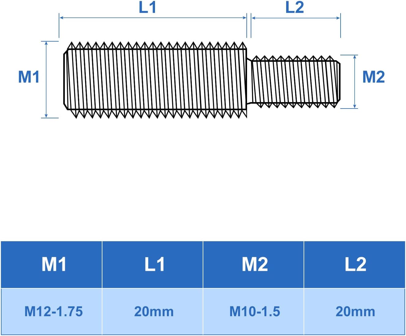 Perno espárrago doble M10x20mm a M12x20mm acero inox 12 pzas